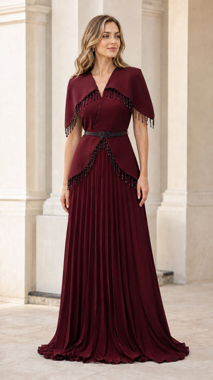 Burgundy wine red beaded capelet pleated formal maxi dress on model