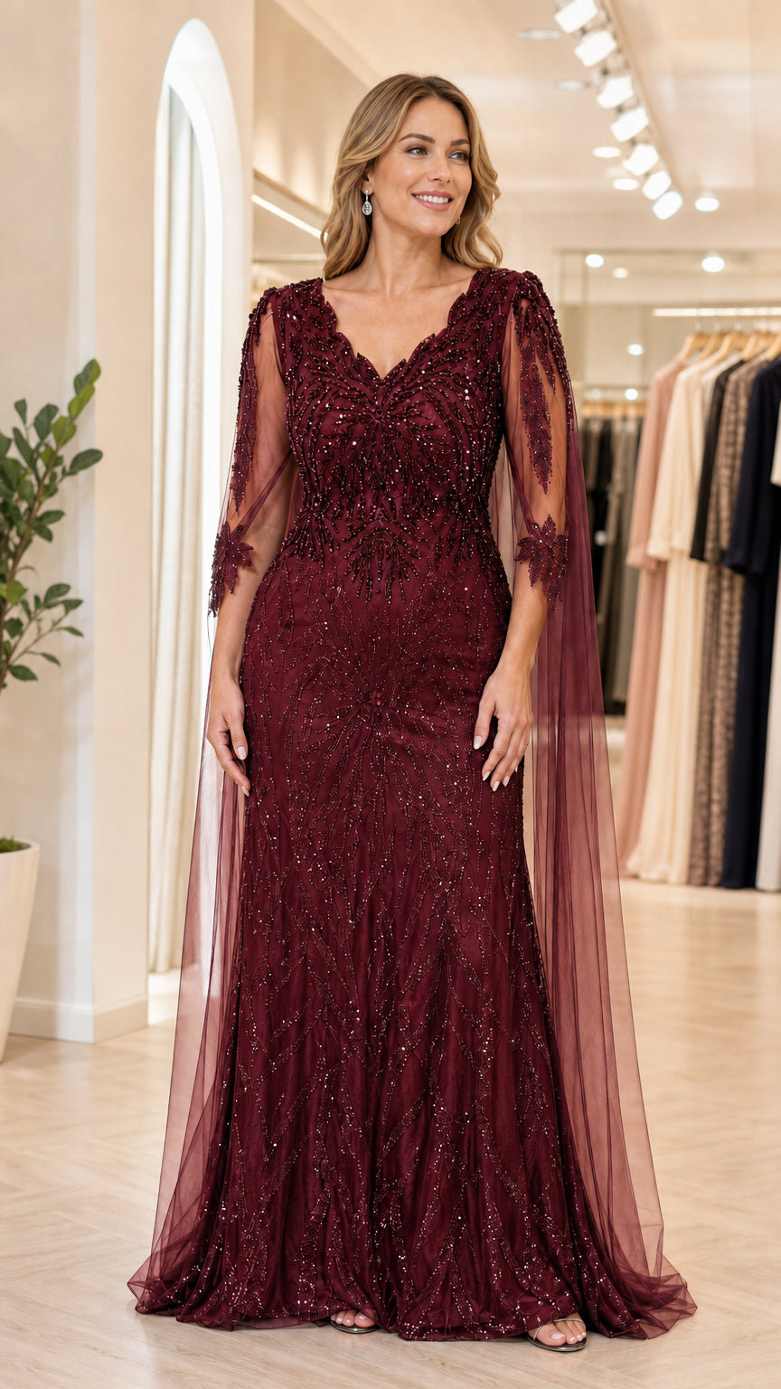 Front view of model wearing burgundy wine red sequin evening gown with cape overlay