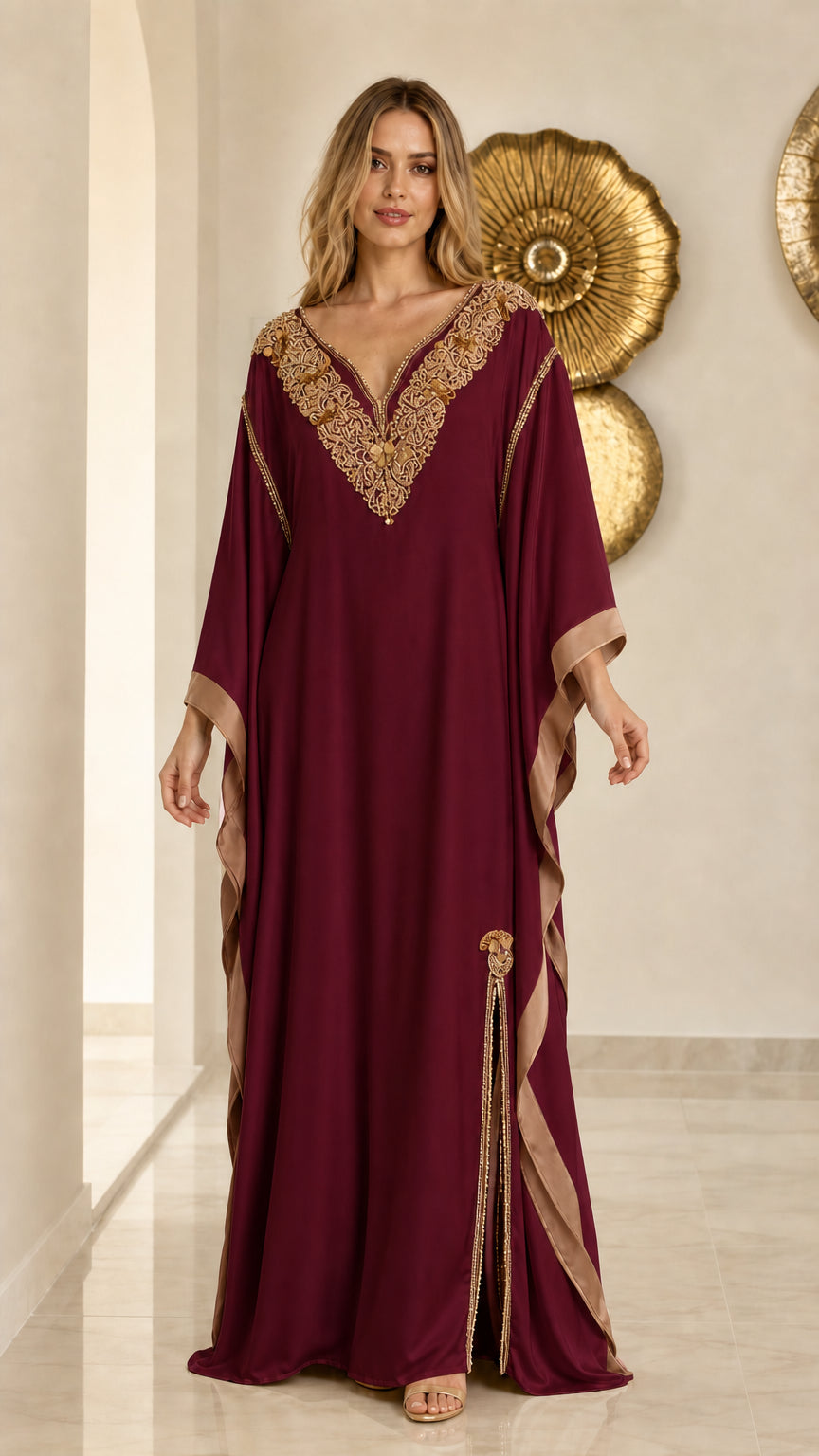 Front view of burgundy red embroidered evening kaftan maxi dress