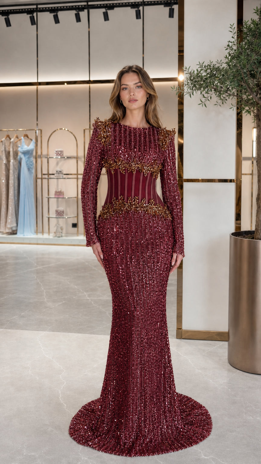 Front view of Burgundy wine long sleeve sequin gown with illusion corset waist