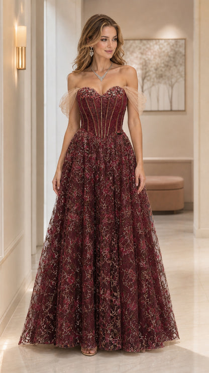 Burgundy wine off-the-shoulder glitter corset formal evening gown front view