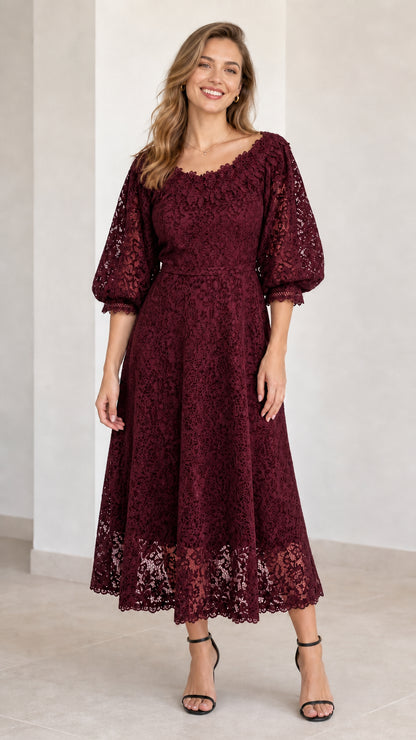 Burgundy wine red floral lace puff sleeve midi dress front view
