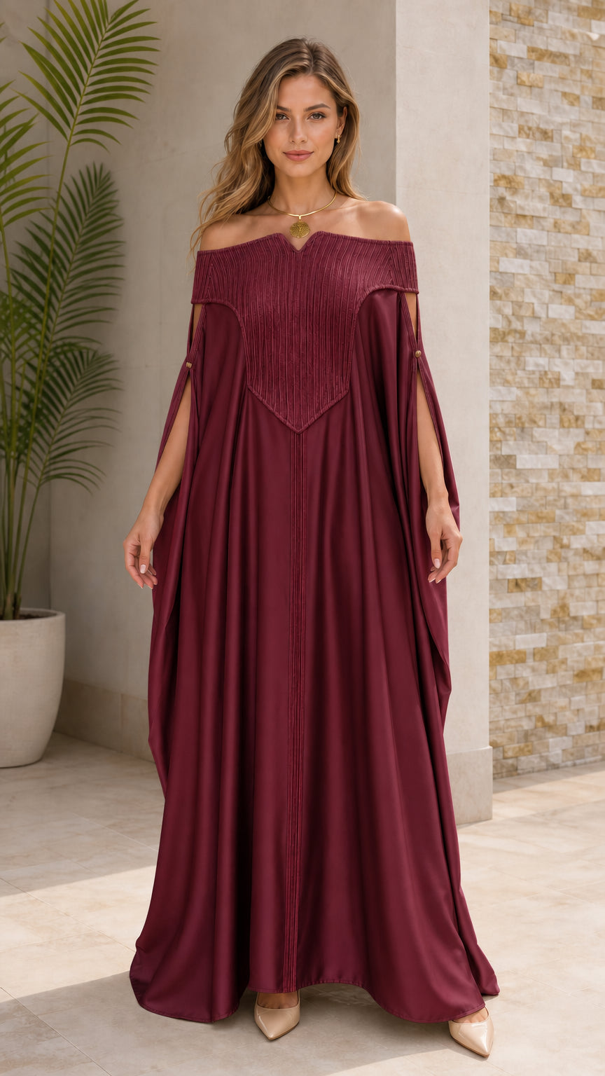 Burgundy wine red off-the-shoulder draped kaftan gown