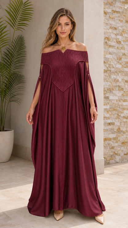 Burgundy wine red off-the-shoulder draped kaftan gown