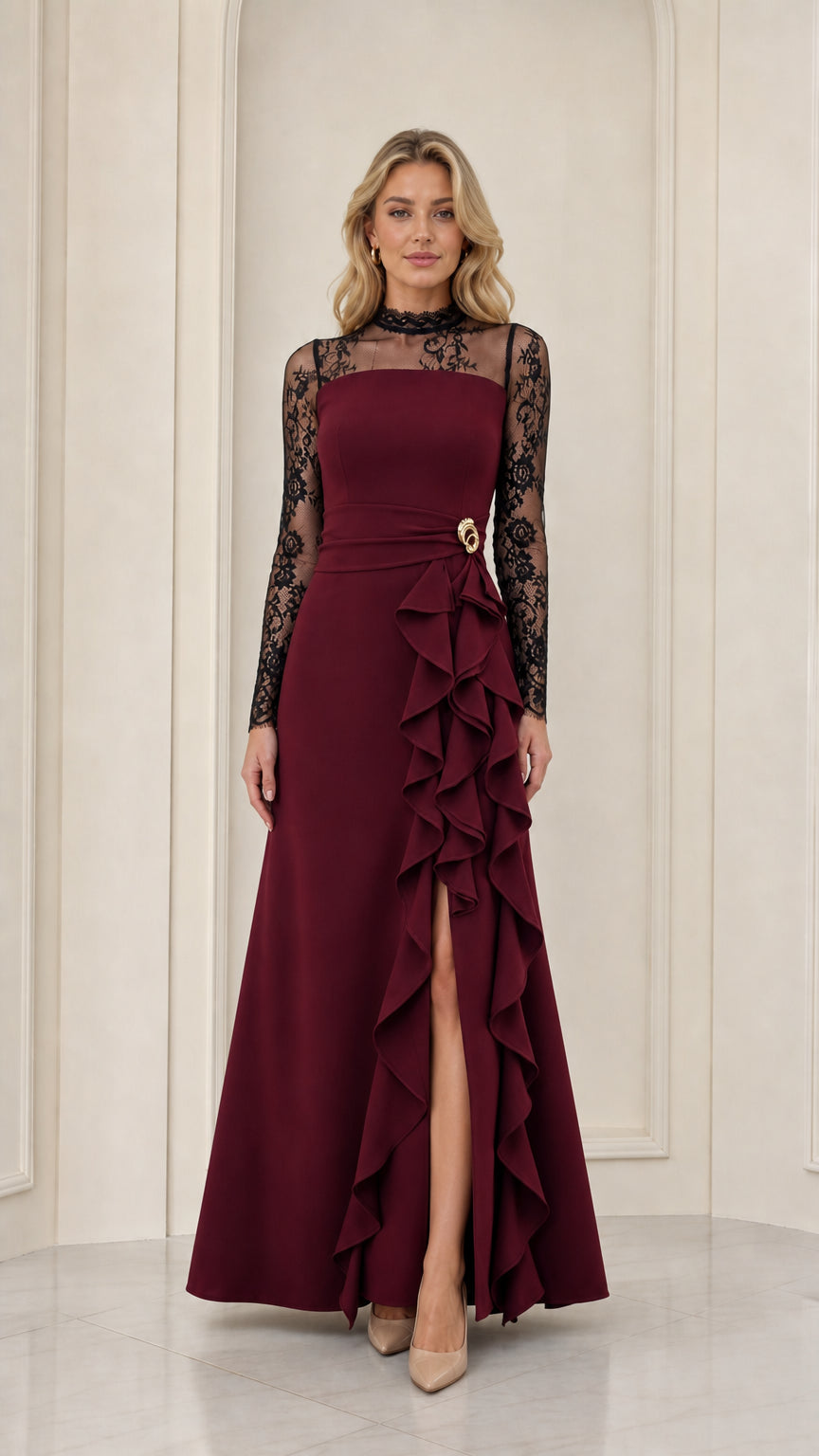 Burgundy wine red formal evening gown with black sheer lace long sleeves