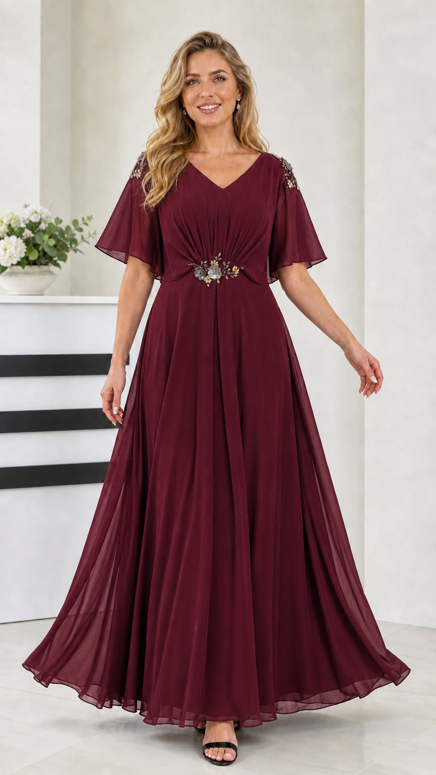 Front view of burgundy wine flutter sleeve chiffon floor-length gown