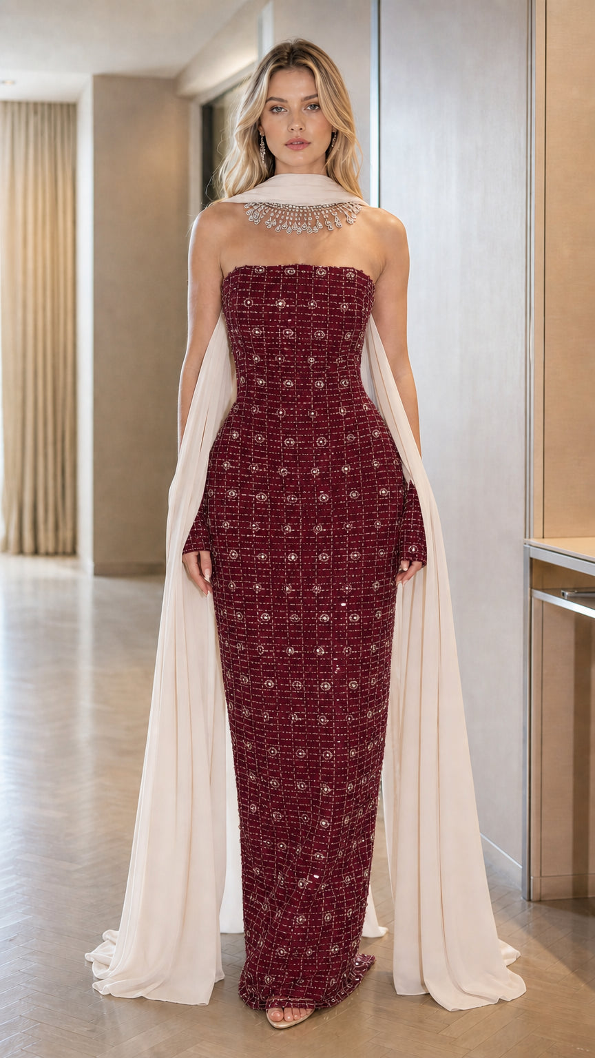 Front view of the Burgundy red strapless evening gown with long flowing cape