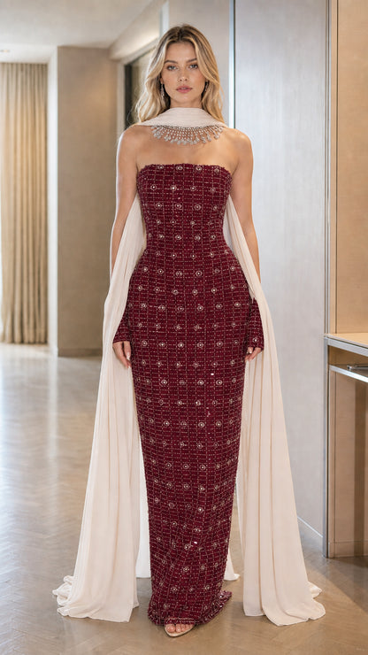 Front view of the Burgundy red strapless evening gown with long flowing cape