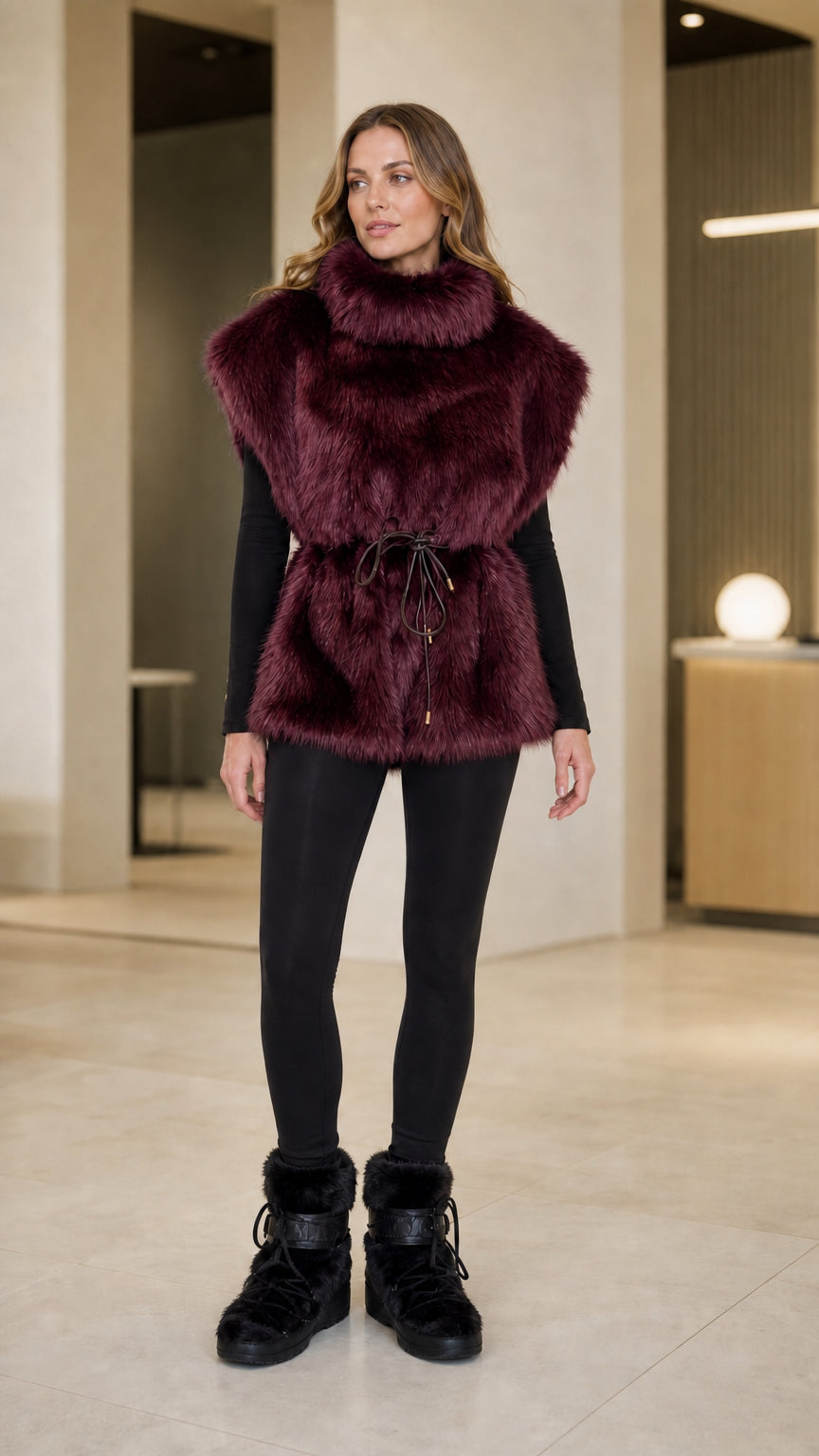 Front view of model wearing burgundy wine high-neck plush faux fur vest with drawstring waist
