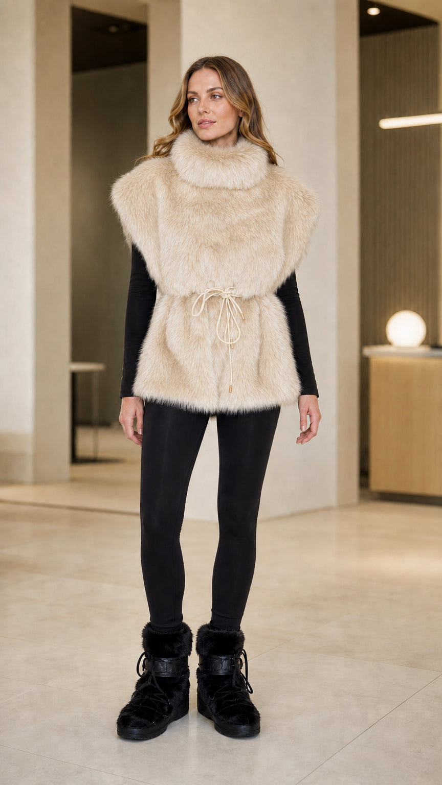 Front view of model wearing cream beige high-neck plush faux fur vest with drawstring waist