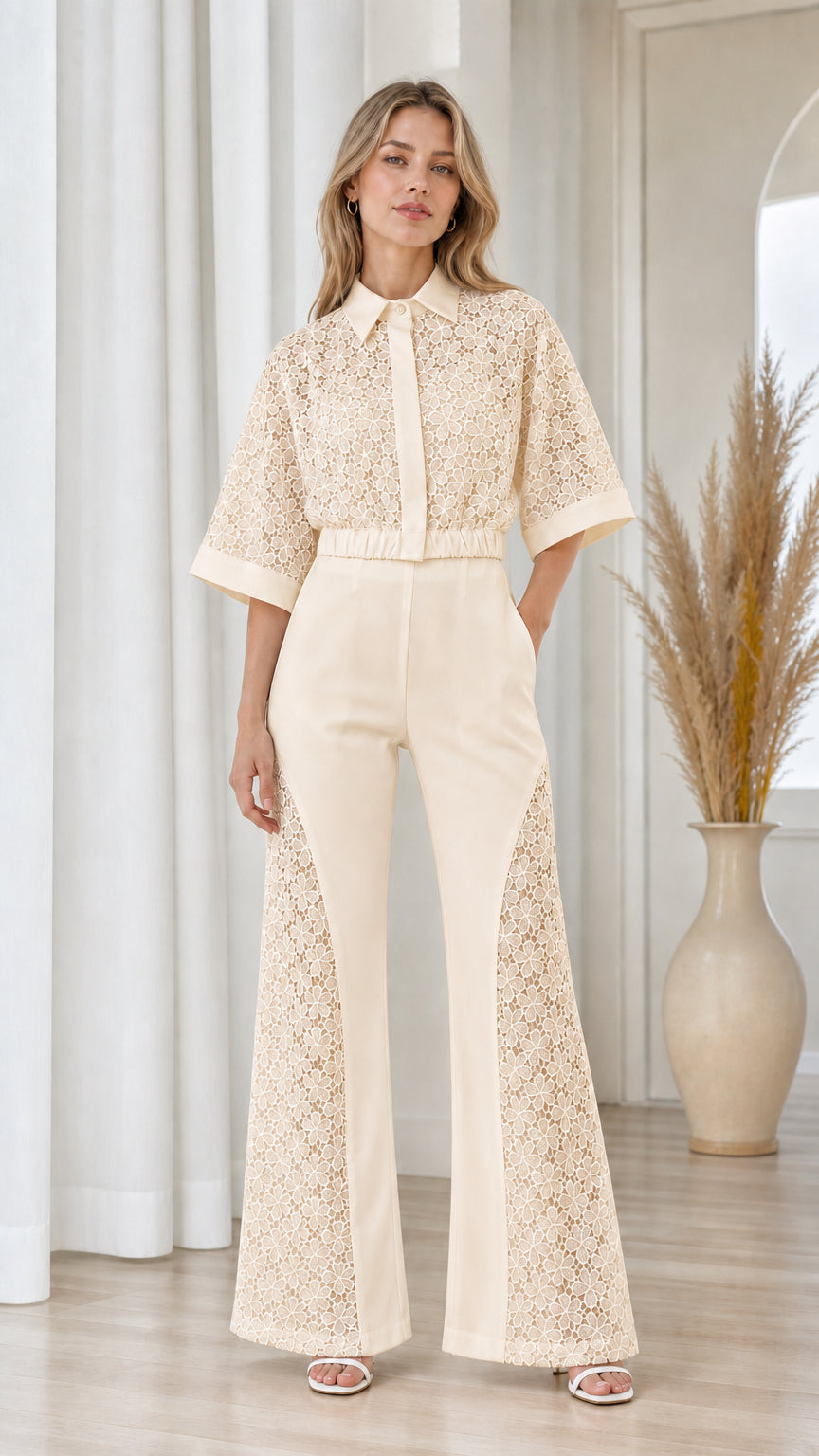 Model wearing champagne beige collared lace wide-leg jumpsuit