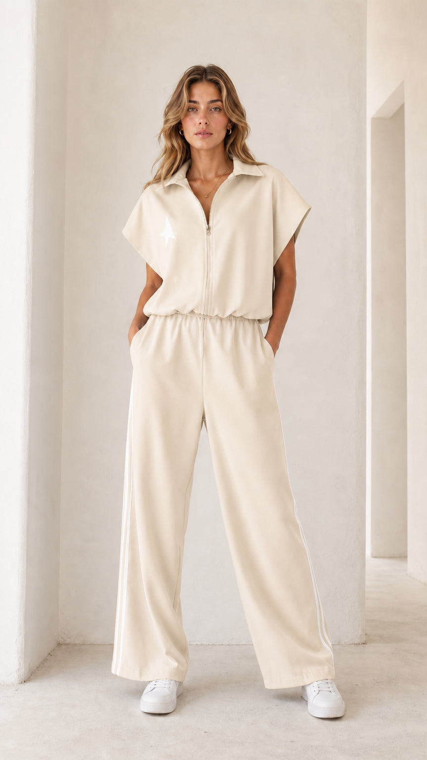 Model wearing cream off-white short sleeve zip front jumpsuit with white side stripes