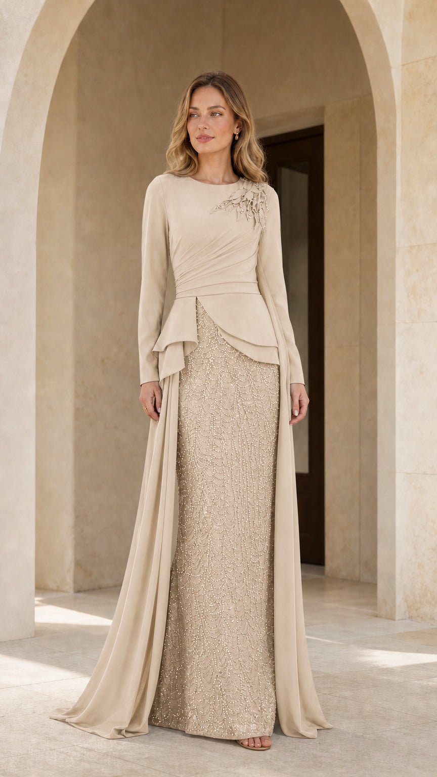 Champagne beige embellished mother of the bride floor-length dress