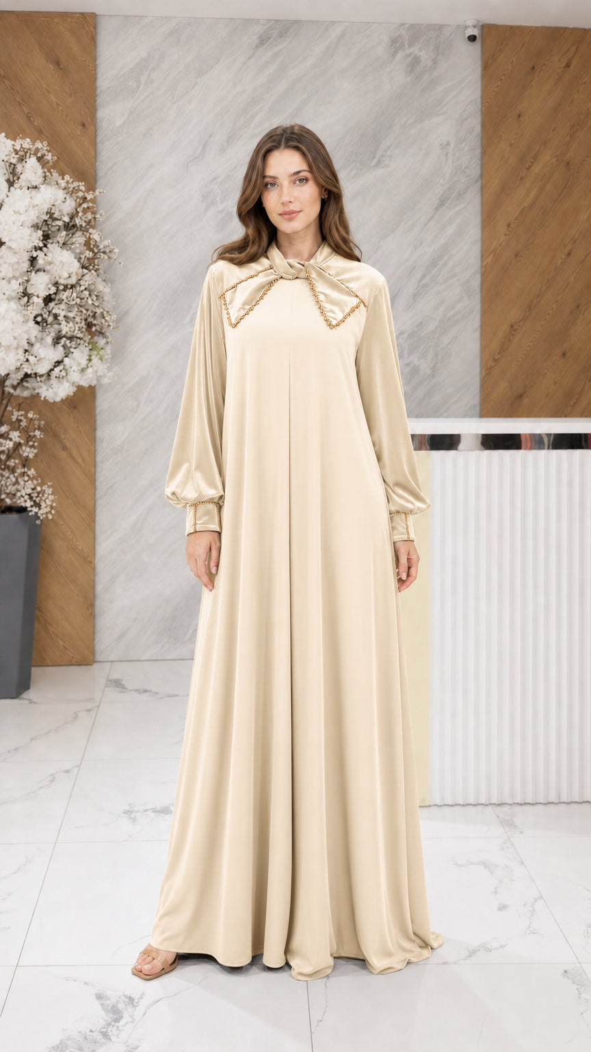 Champagne beige velvet long sleeve formal evening dress