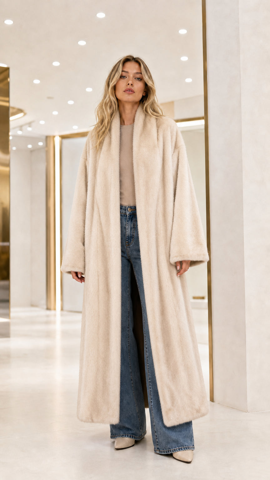 Front view of model wearing the cream off-white plush maxi faux fur coat
