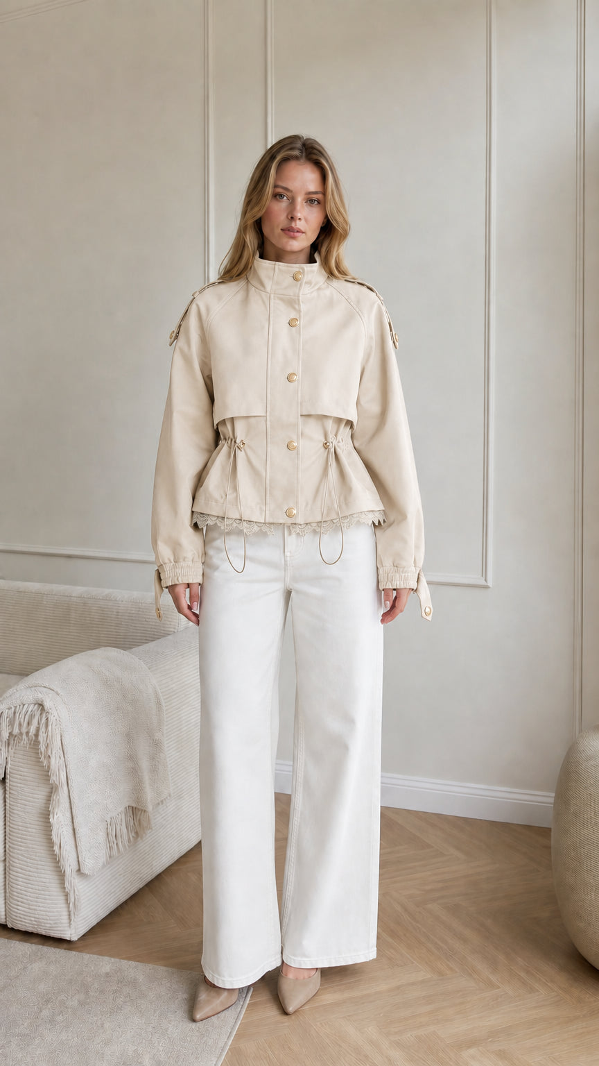 Model wearing beige cream cropped utility jacket with adjustable waist