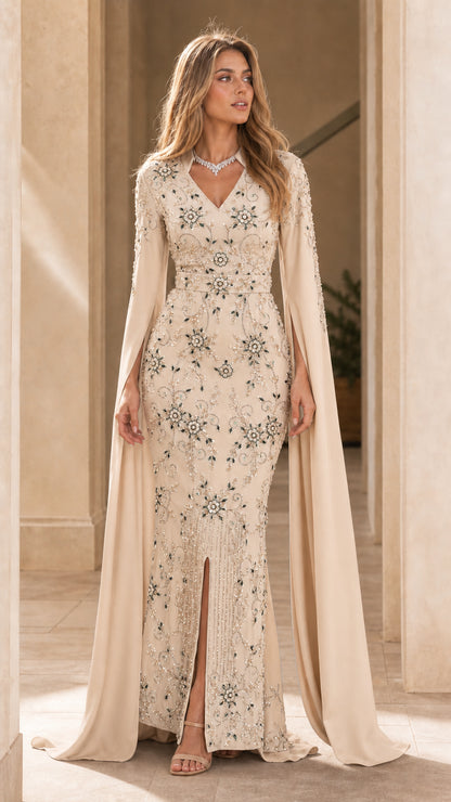 Champagne beige cape sleeve evening gown with intricate beadwork