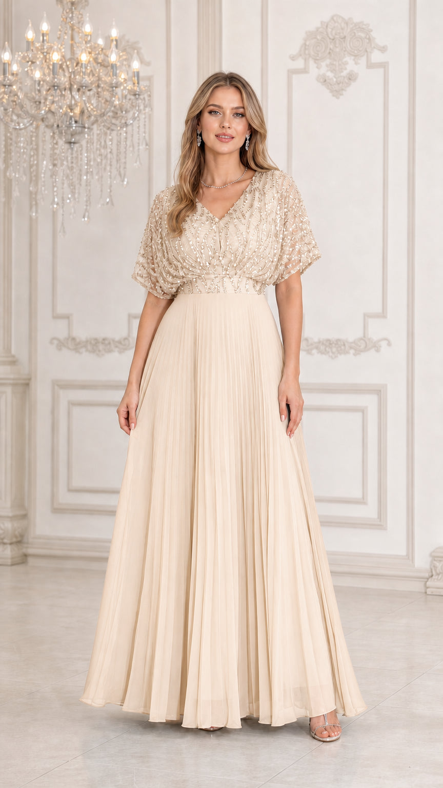 Champagne gold sequin flutter sleeve pleated evening maxi dress