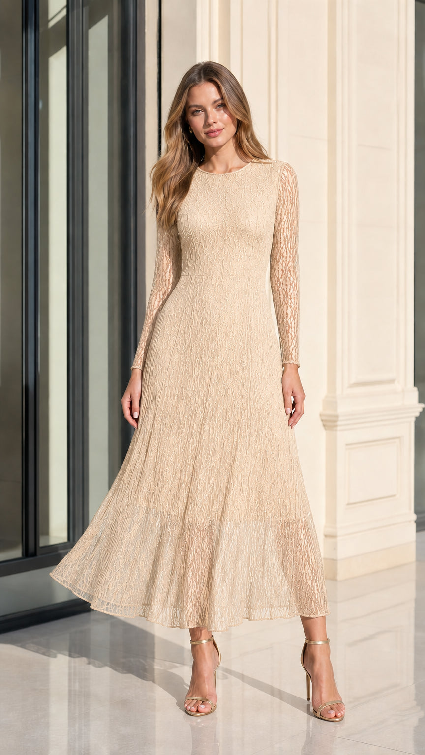 Champagne beige long sleeve sequin lace evening midi dress