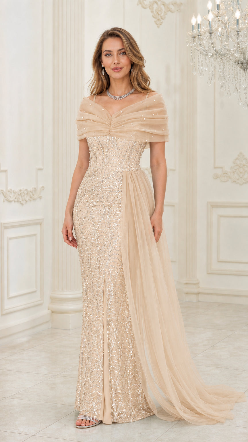 Front view of woman wearing champagne gold sequin formal gown