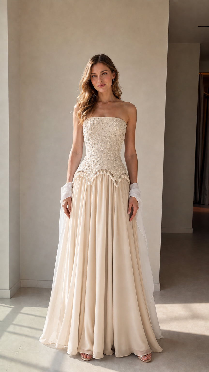 Model wearing champagne ivory strapless beaded corset evening gown with white shawl