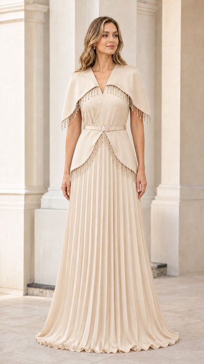 Champagne cream beaded capelet pleated maxi evening gown on model