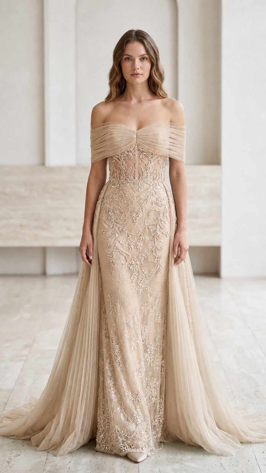 Champagne gold off-the-shoulder beaded evening dress with tulle train