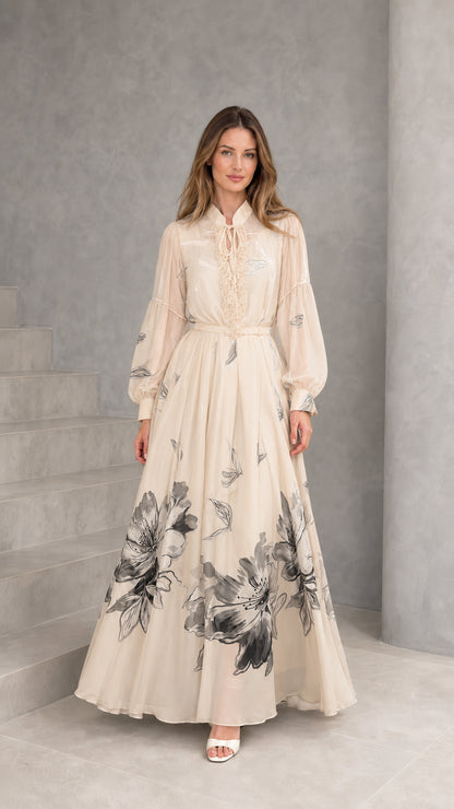 Cream beige floral ombre long sleeve formal chiffon dress