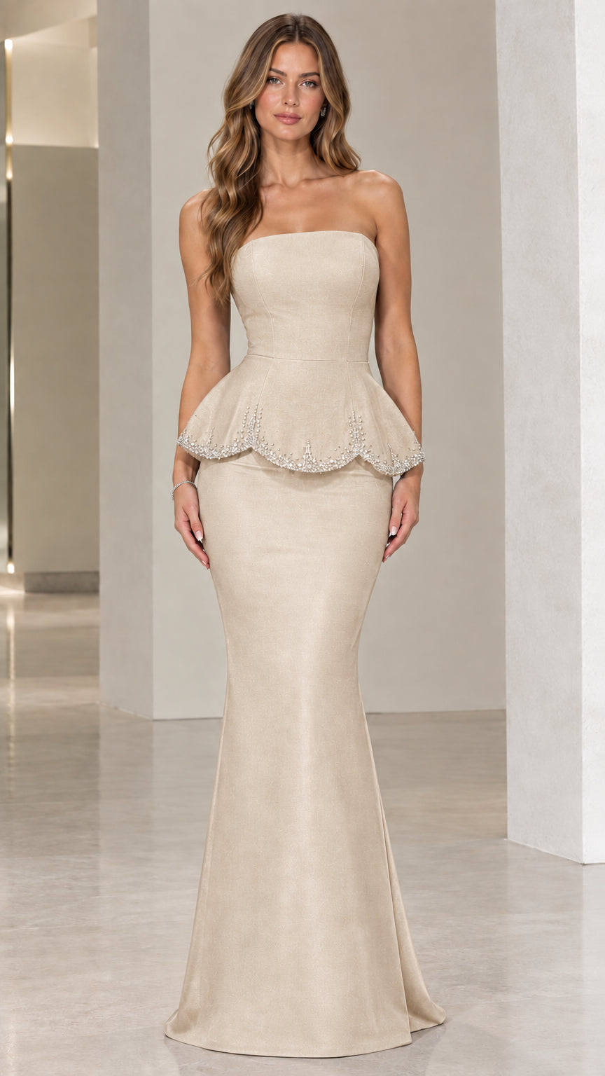 Champagne beige strapless peplum rhinestone-trimmed mermaid gown