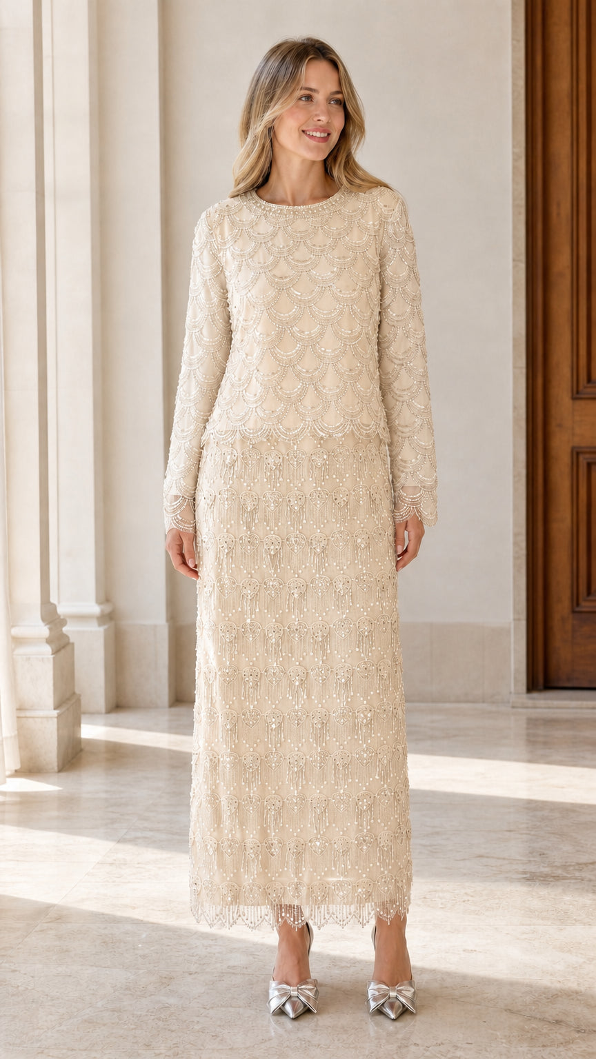 Full length champagne cream beaded long sleeve maxi evening gown