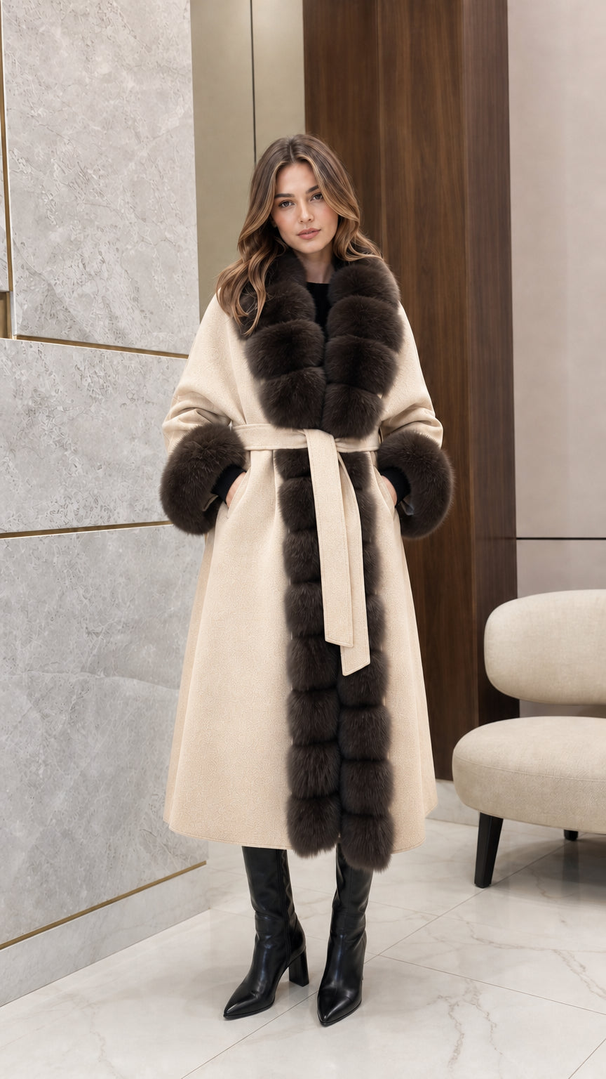 Front view of woman wearing the cream longline overcoat with contrasting dark fur trim