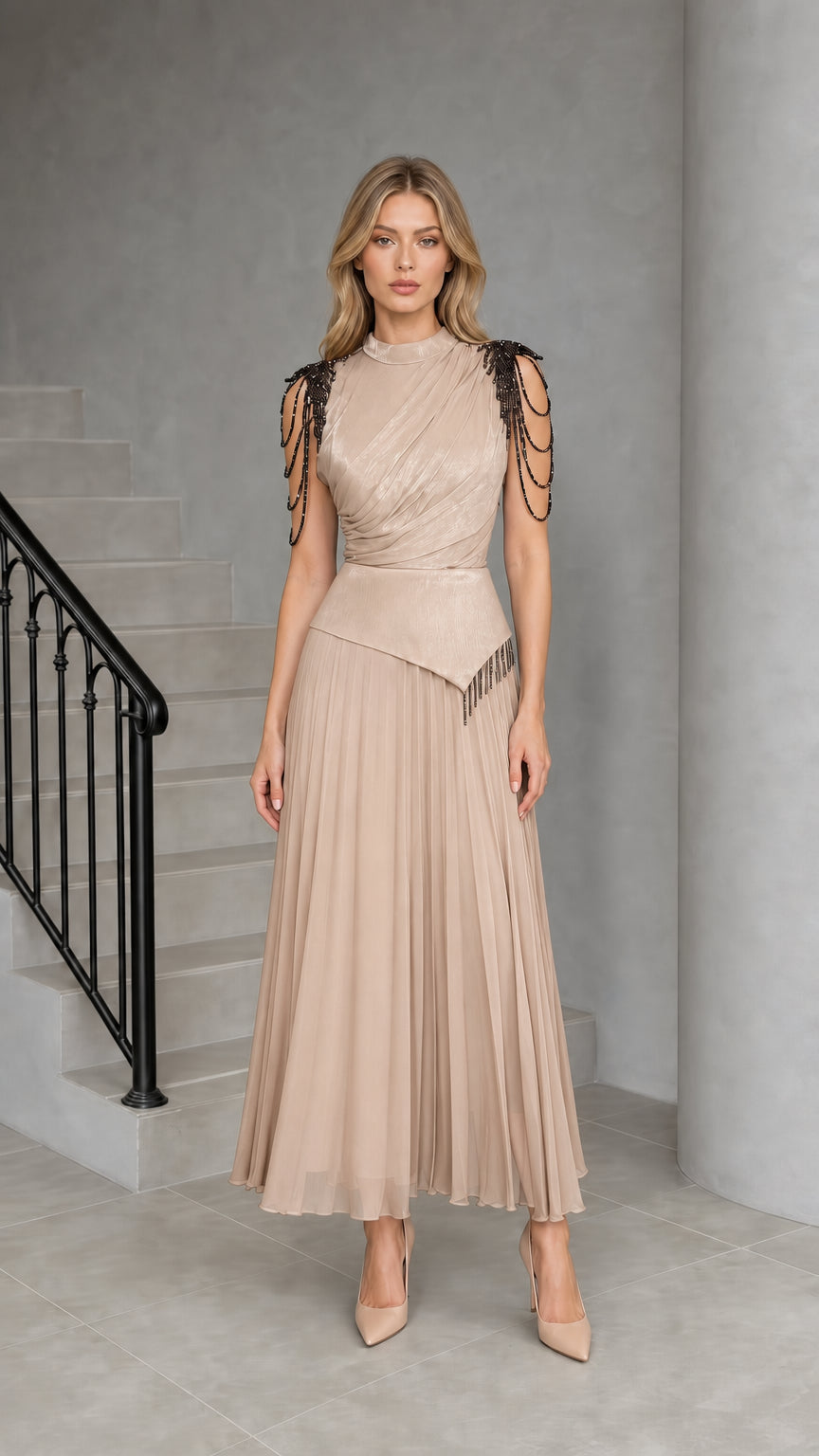 Champagne Beige Mock Neck Beaded Fringe Pleated Maxi Dress