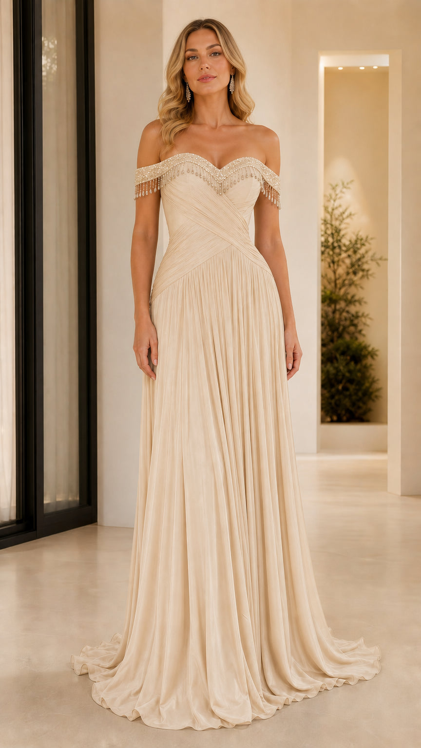 Front view of champagne cream off-the-shoulder formal gown with beaded sweetheart neckline