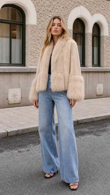 Model wearing creamy beige faux fur trim jacket with denim pants