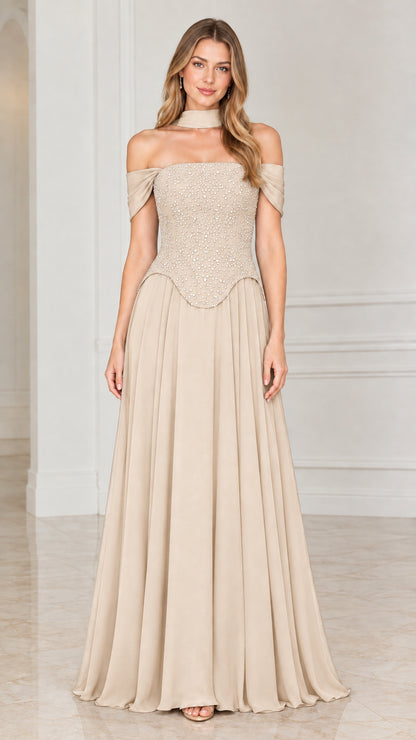 Champagne beige pearl embellished off-the-shoulder evening dress with flowy skirt