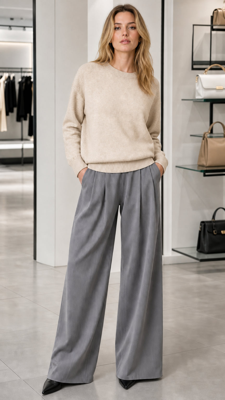 Model wearing cream oatmeal crewneck knit sweater with grey wide-leg trousers