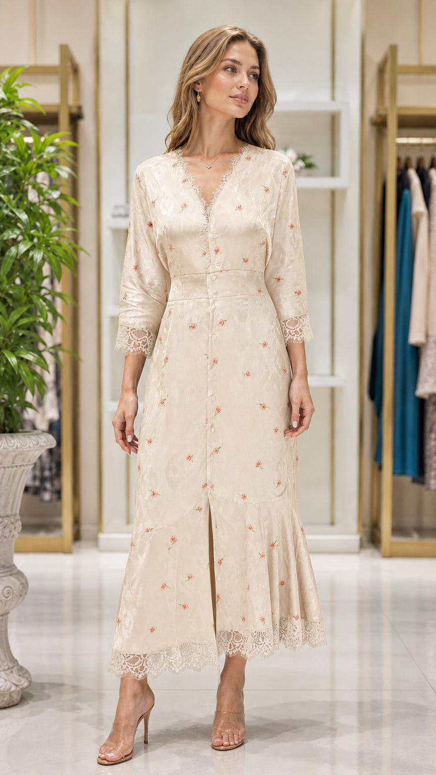 Champagne cream floral jacquard lace-trimmed midi dress on model