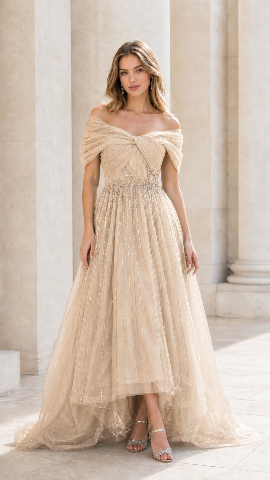 Champagne beige off-the-shoulder high-low tulle formal dress
