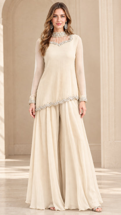 Champagne beige sheer sleeve chiffon pant suit for formal events