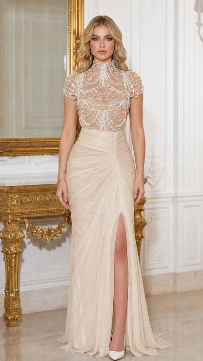 Champagne gold evening gown with pearl embellishments and high side slit