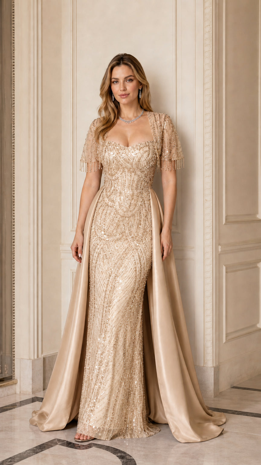 Champagne gold sequined floor-length evening dress with satin overskirt