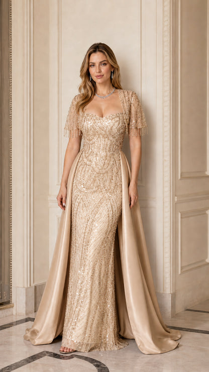 Champagne gold sequined floor-length evening dress with satin overskirt
