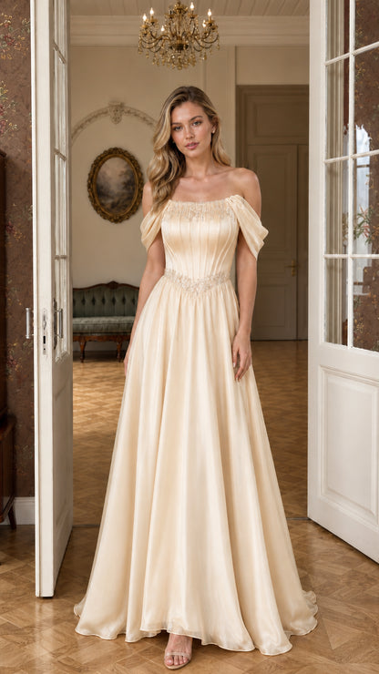 Champagne gold off-the-shoulder beaded A-line evening dress front view