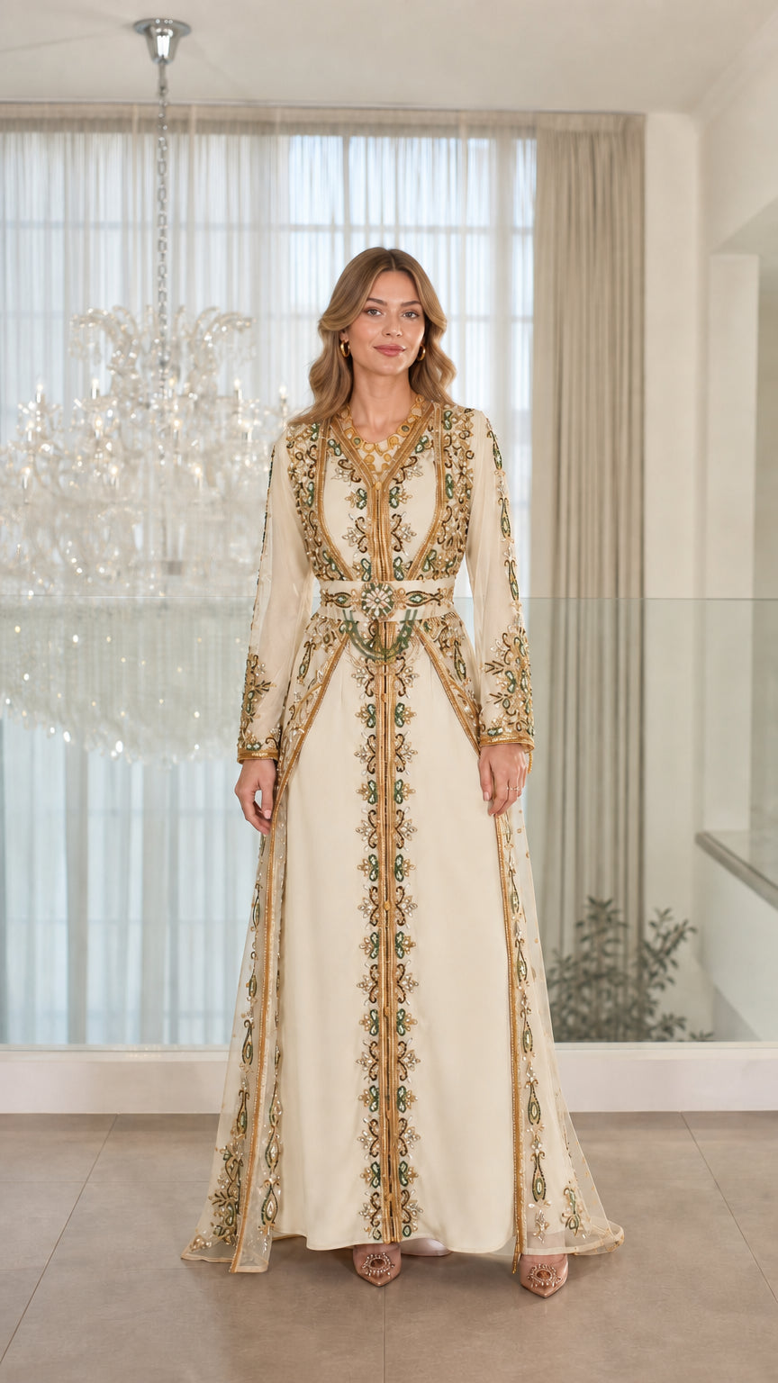 Front view of ivory cream gold-embroidered Moroccan kaftan evening gown