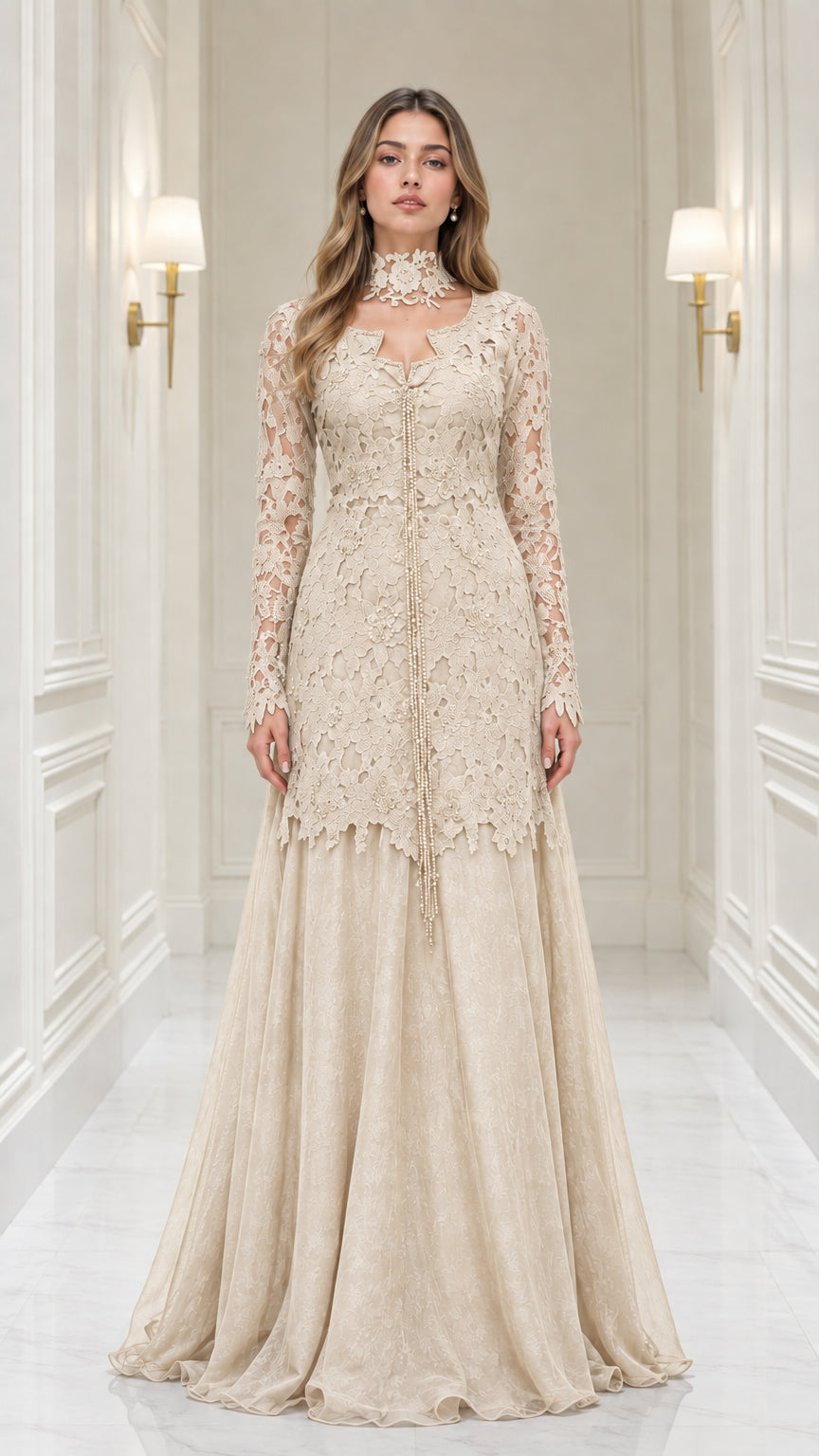 Champagne beige long sleeve lace formal gown for weddings and galas