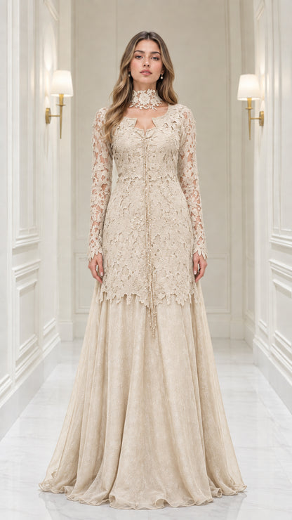 Champagne beige long sleeve lace formal gown for weddings and galas