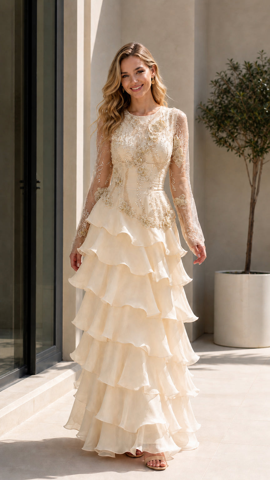 Model wearing Champagne cream floral embroidered tiered ruffle evening gown