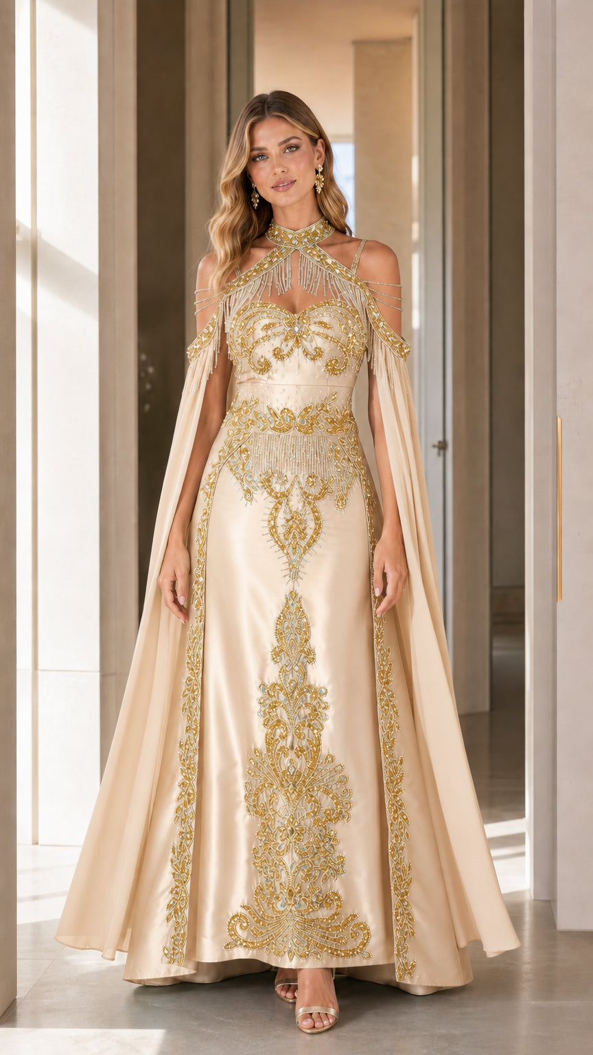 Champagne gold embroidered formal cape gown
