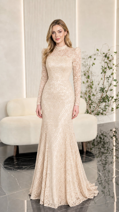 Champagne beige mock neck lace evening gown with long sleeves