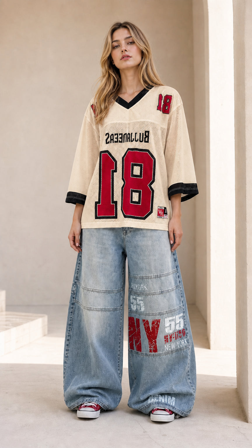 Full front view of cream off-white oversized retro athletic mesh top